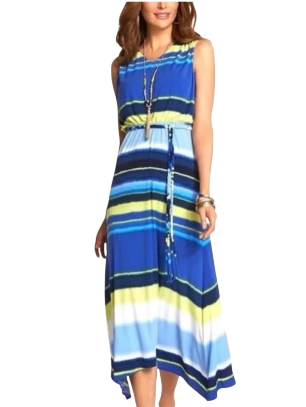Chico's Kristi Washed Blue Yellow Stripe Midi Dress L
